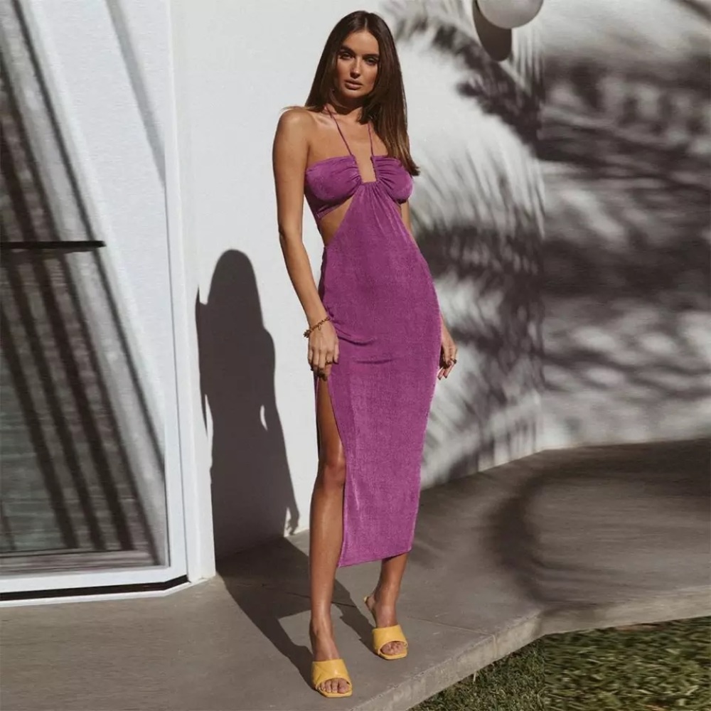 NWT cut out dress purple plum dark lilac halter silky thigh split halter maxi M
